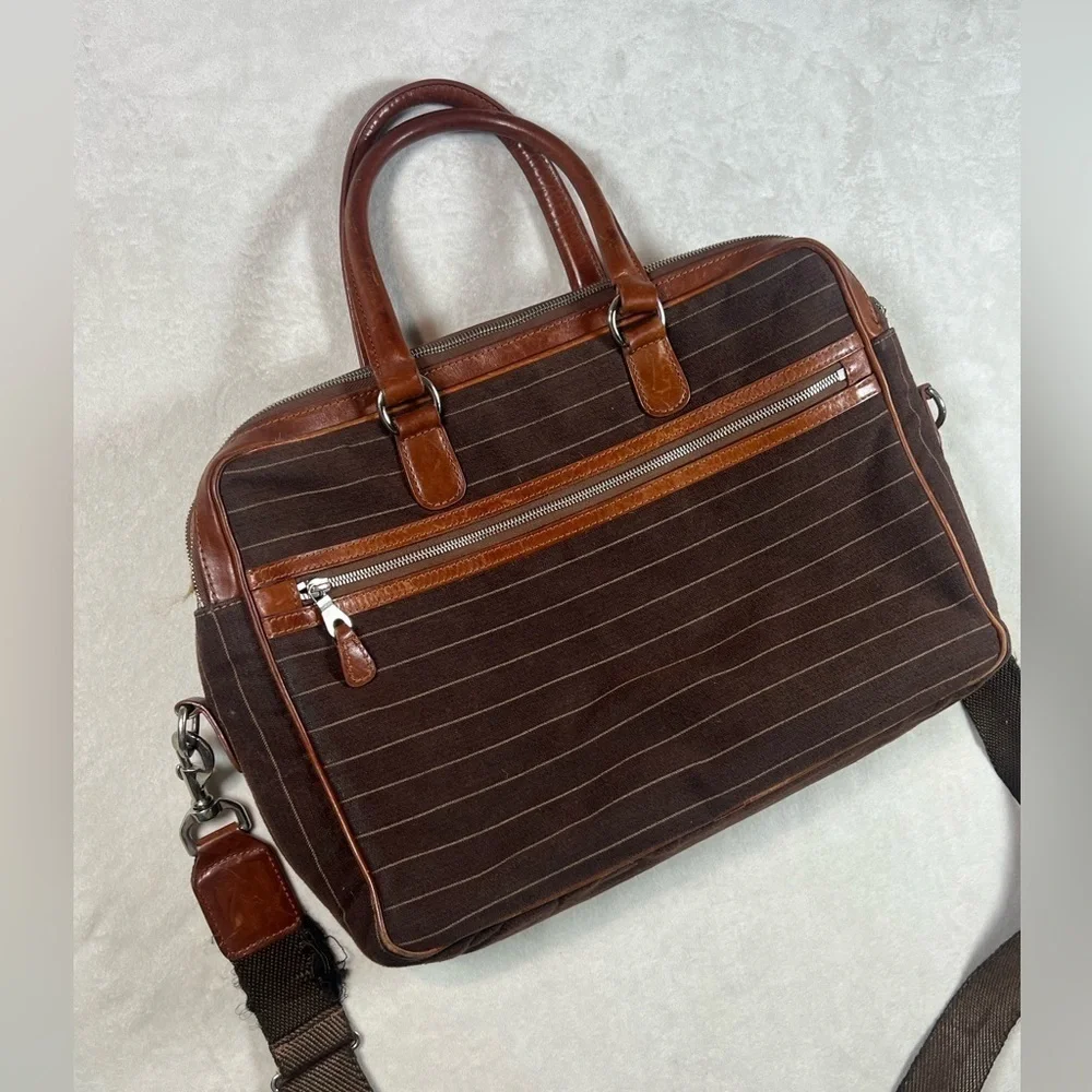 Mulholland Cotton Canvas Leather Made in England Classic Briefcase Striped